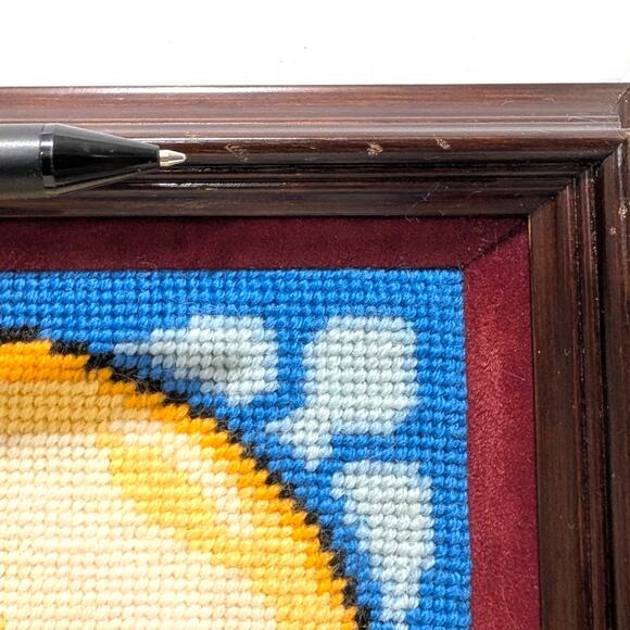 Vtg 1985 Framed Christmas Sunset Needlepoint Stained Glass Candles Completed - Picture 5 of 15